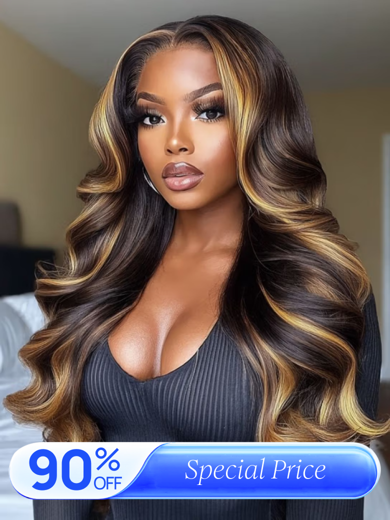 
    Nadula Flash Sale 13x4 Pre everything Lace Frontal Loose Body Wave Wig Dark Brown Wig with Face-Framing Highlights