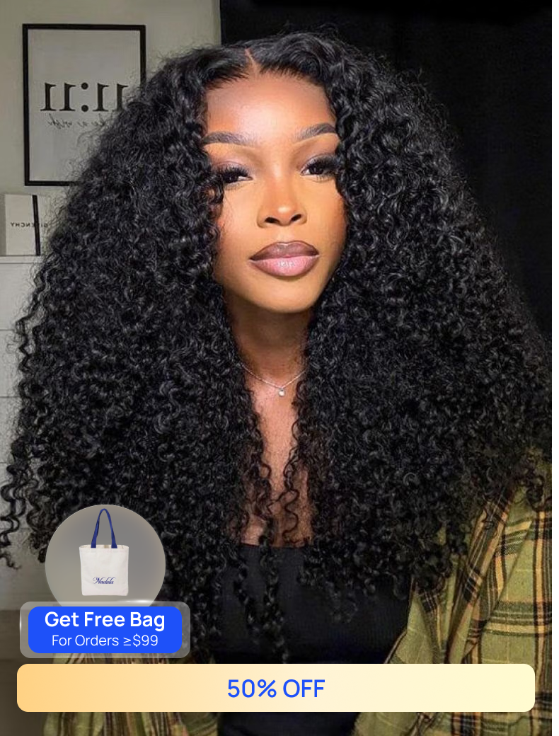 Nadula Flash Sale 4C Kinky Curly 7x5 Byebye Knots And 4x0.75 T Part Lace Wigs with Pre Plucked Hairline
