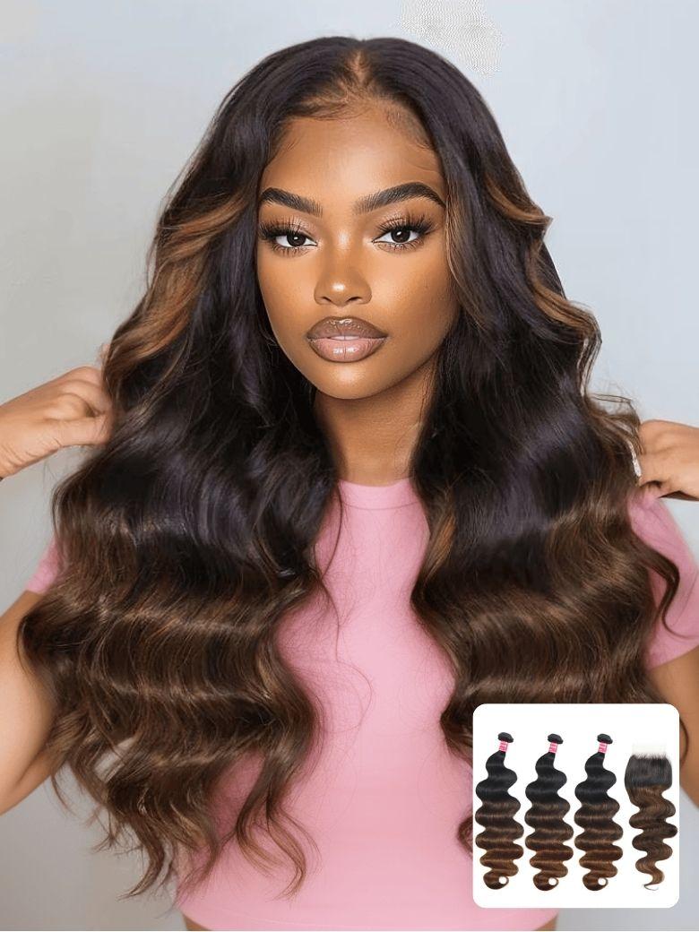 Nadula Body Wave Chestnut Brown Ombre Color 3 Bundles with 4x4 Inch Free Part Lace Closure 100% Human Hair