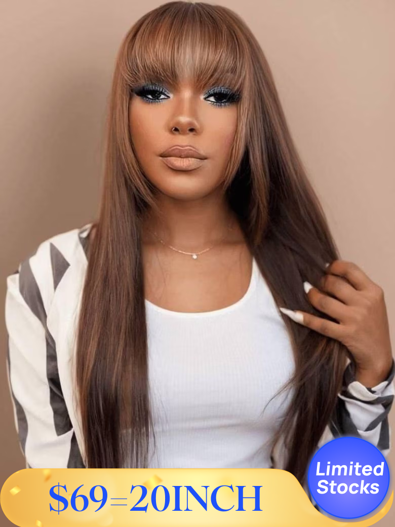 Nadula Flash Sale 2"x4" Yaki Straight Brown Highlight Bob Wig with Bangs Glueless Human Hair Wig