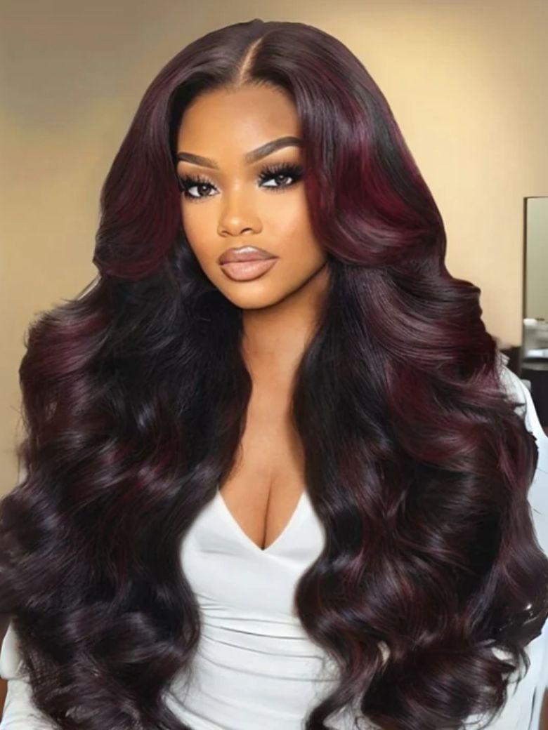 Nadula 13x4 Pre everything™ Black Cherry Highlights Face-Framing Layers Soft