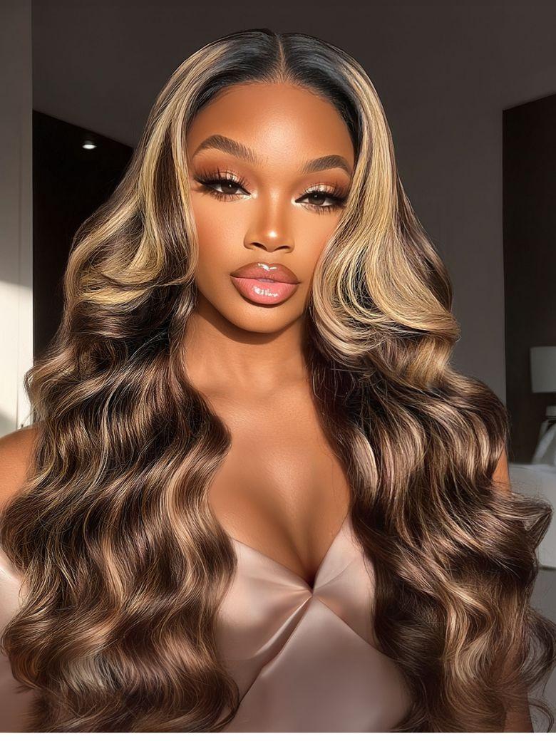 Nadula 13x4 Pre everything™ Loose Body Wave Honey Chestnut Brown Wig with Blonde Face-Framing Highlights Glueless Human Hair Wigs