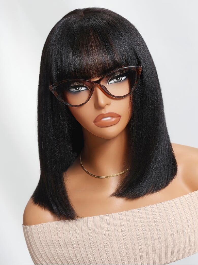 Nadula Flash Sale Short Length Silky Bob Wig And Yaki Straight Bob Wig With Bang Put On And Go Wigs 180% Density