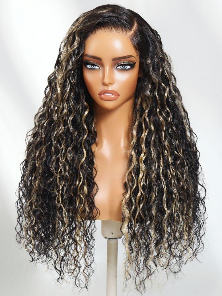 Nadula 13x4 Pre everything™ Water Wave Natural Black with Caramel Blonde Highlights Put On And Go Wig with Drawstring