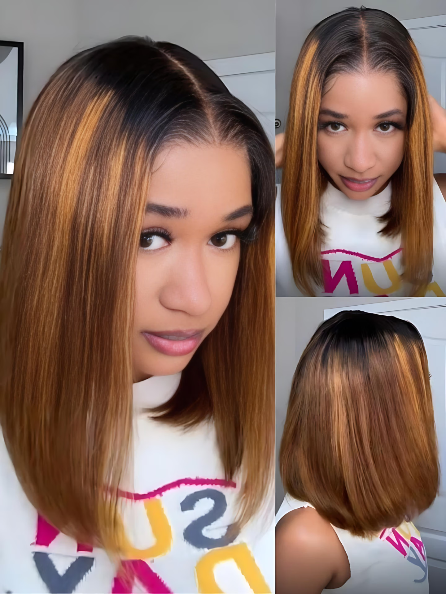 BOGO | Nadula 7x5 and 13x4 Yaki Straight Bob Wig Chestnut Brown Ombre Pre-Bleached Wig For Sale