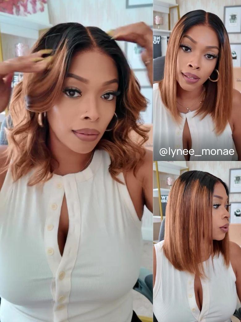 Nadula 7x5 Honey Brown Piano Highlight Bob Wig With Dark Roots Put on and Go Wig Invisible Knots Wig