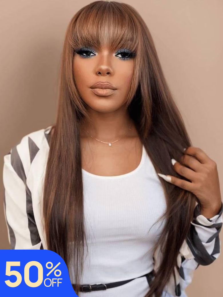 Nadula Flash Sale Yaki Straight Layered Wig with Bangs Glueless Human Hair Wig Beginner Friendly Classic Cap