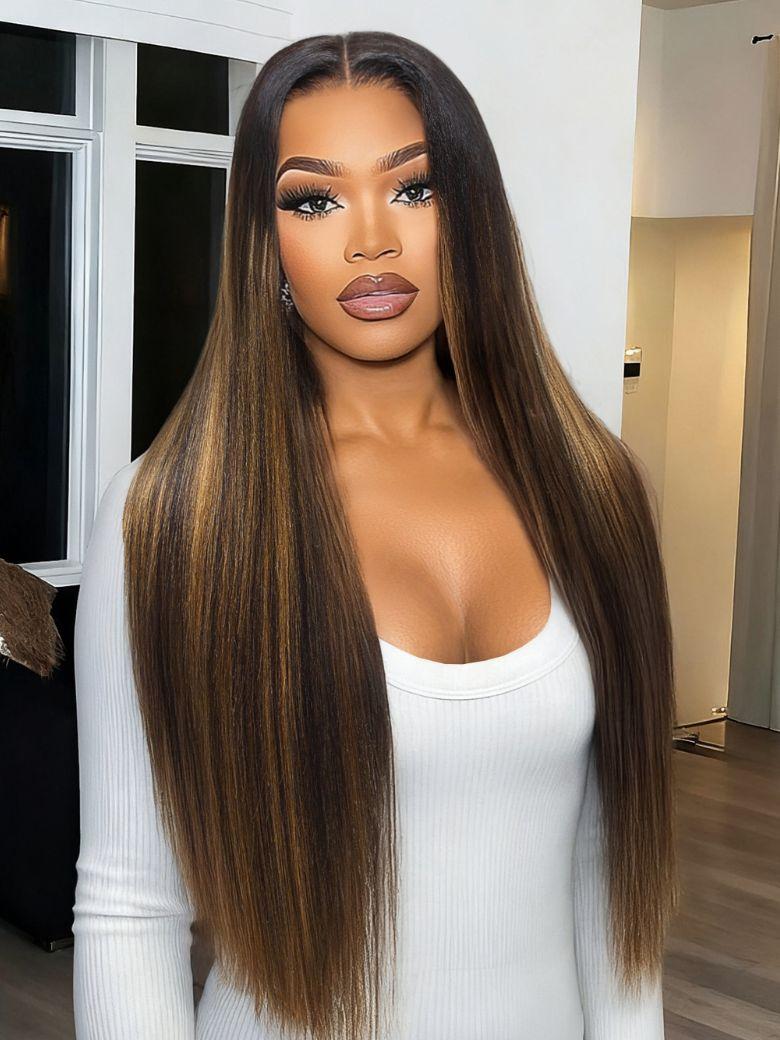 Nadula 13x4 Pre everything™ Yaki Straight Hair Highlight Balayage Lace Front Shadow Root Wig Put on and Go Human Hair Wigs