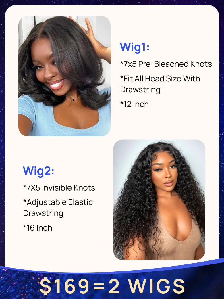 $169=2 Wigs | Nadula 16 Inch 7*5 ByeBye Knots Water Wave Wig & 12 Inch Yaki Straight Drawstring Wig