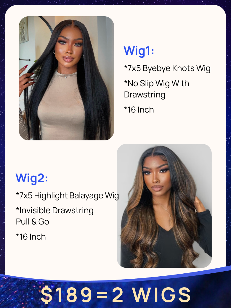 $189=2Wigs | Nadula 16 Inch No Slip Yaki Straight Wig & 16 Inch 7*5 Byebye Knots Highlight Balayage Wig