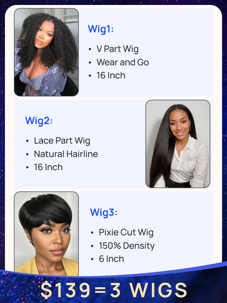 $139= 3 Wigs | Nadula Flash Sale 16 Inch V Part Kinky Curly Wig + 16 Inch T Part Lace Kinky Straight Hair Wig + 6 Inch Pixie Cut Wig