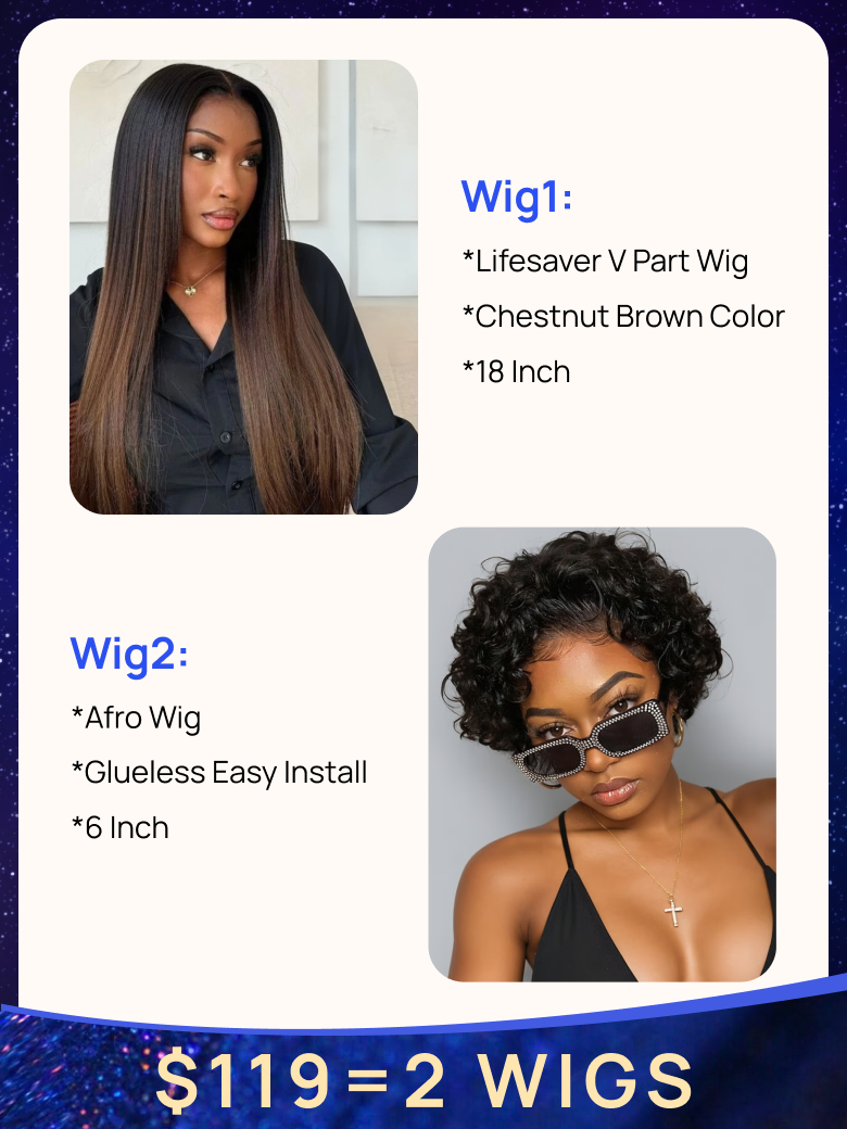 $119= 2 Wigs | Nadula 18 Inch Lifesaver EasiContour™ V Part Wig and Afro Glueless Wig
