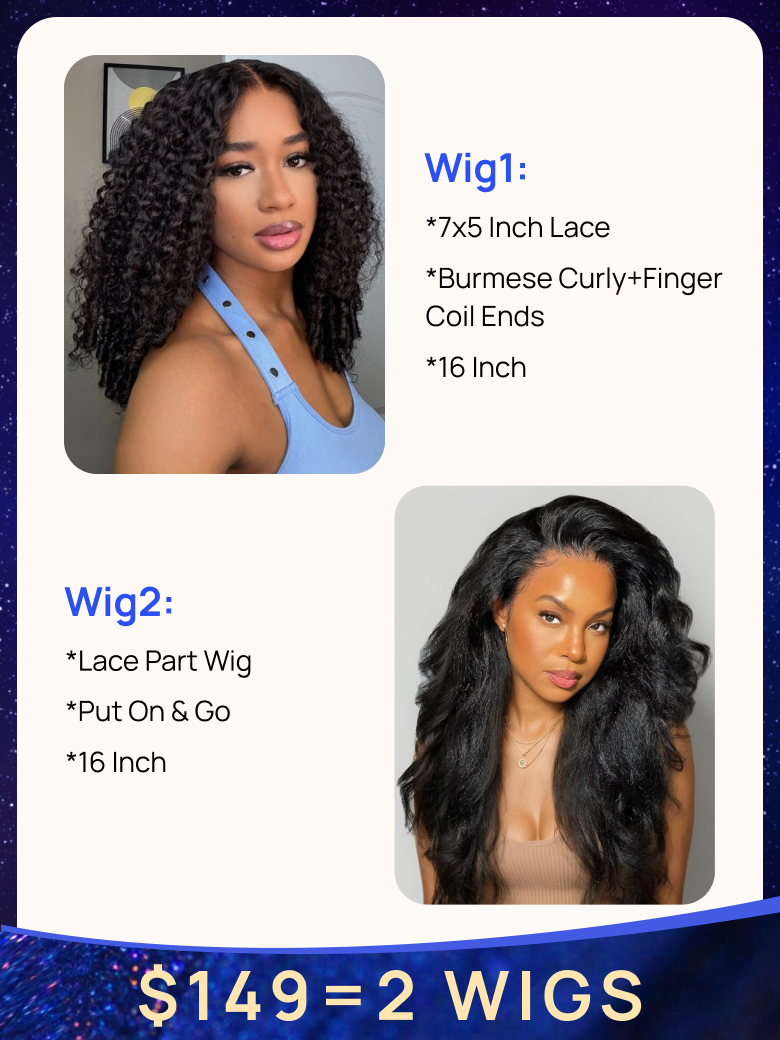 $149=2 Wigs | Nadula 16 Inch Bye Bye Knots Burmese Curly Wig and 16 Inch Lace Part Kinky Straight Wig For Sale