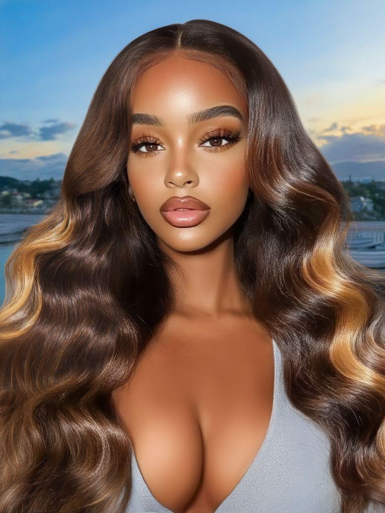 Nadula 13x4 Dark Chocolate Brown with Soft Golden Highlights Loose Wave Pre everything Put On And Go Wig with Drawstring
