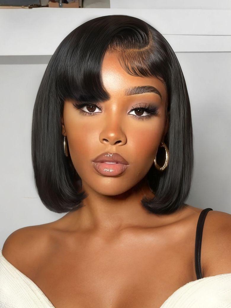 Nadula 13x4 Pre everything Chic Blunt Short Bob with Side Part Bangs Put On And Go Wig with Drawstring