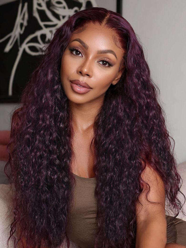 Nadula 13x4 Burgundy Plum Water Wave Lace Frontal Wig Pre-everything Invisible Knots Put on and Go Wig with Drawstring
