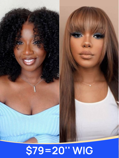 $79=20'' | Nadula Flash Sale 20 Inch Yaki Straight Wig with Bangs And 20 Inch 7x5 Byebye Knots Jerry Curly Glueless Human Hair Wigs
