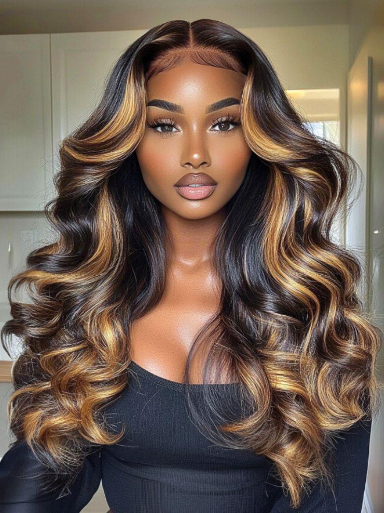 Nadula 7x5 No Slip Wig Loose Body Wave Lace Closure Wig Dark Brown Wig with Face-Framing Highlights