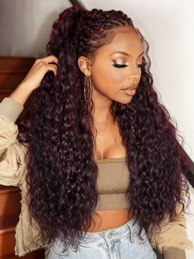 Nadula 13x4 Burgundy Plum Water Wave Lace Frontal Wig Pre-everything Invisible Knots Put on and Go Wig with Drawstring