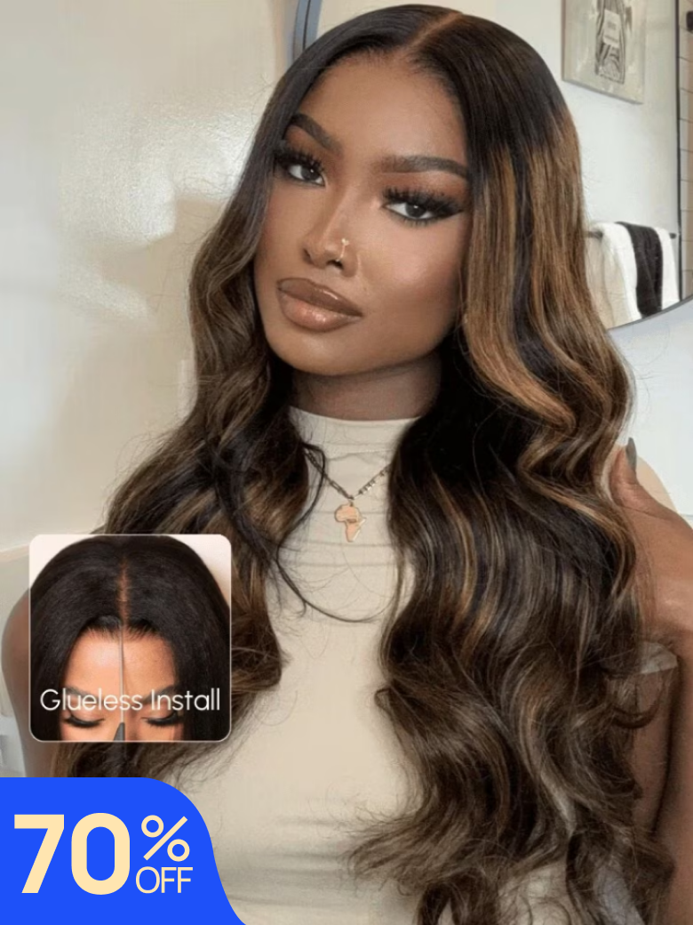 Nadula Flash Sale Brown Highlight Body Wave 7x5 Byebye Knots Invisible Lace Glueless Human Hair Wigs