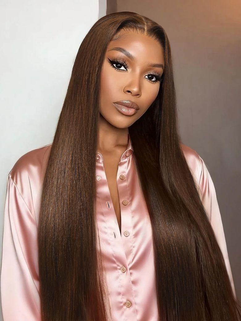 Nadula 4x4 Pre-Cut Lace Rich Chocolate Brown Yaki Straight Wig Put On and Go Glueless Human Hair Wig with Drawstring