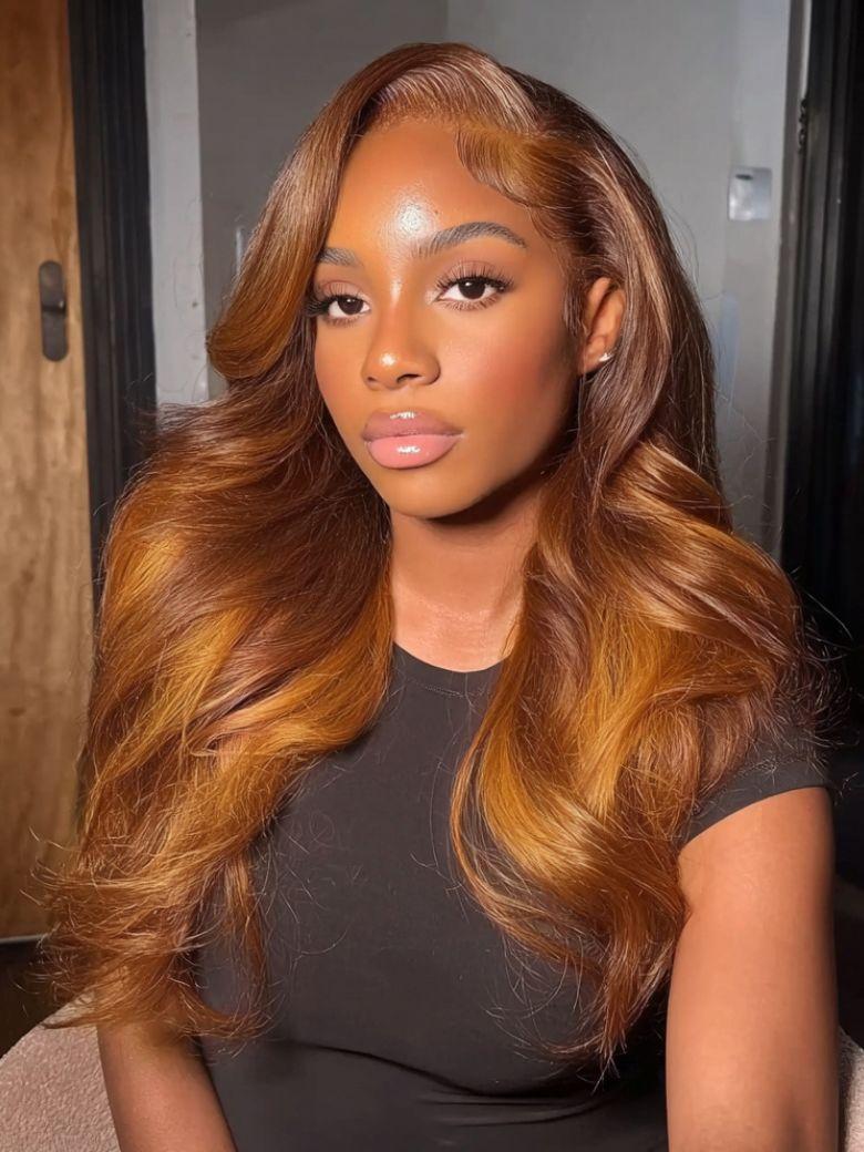 Nadula 13x4 Deep Side Part Ginger Brown Highlight Body Wave Lace Frontal Wig Put On And Go Glueless Human Hair Wig