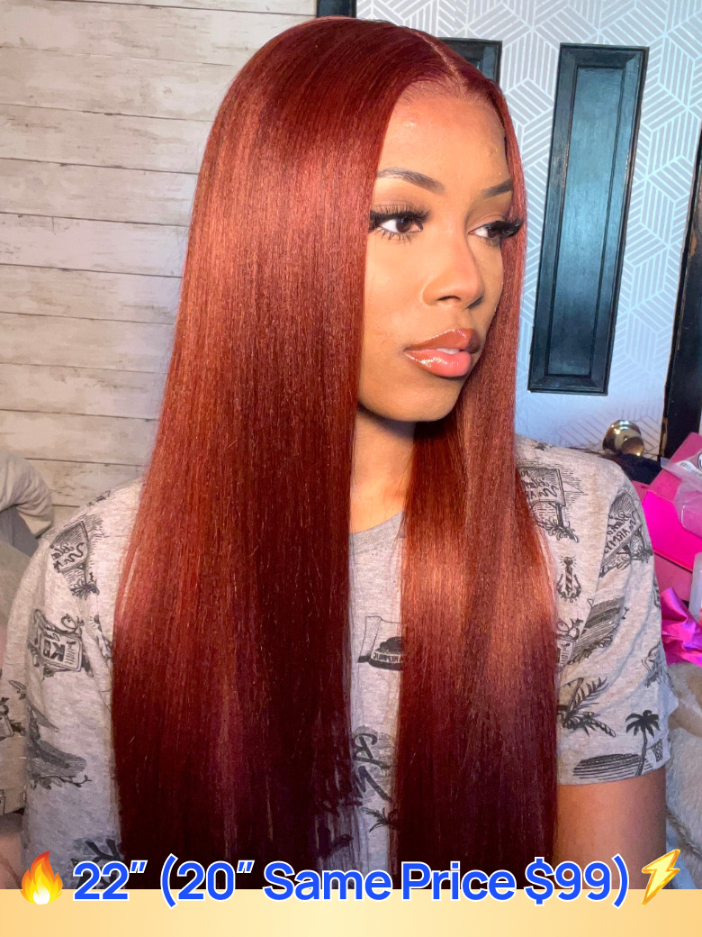 Nadula Flash Sale Reddish Brown Yaki Straight 7x5 Invisible Lace Put On and Go Glueless Human Hair Wigs