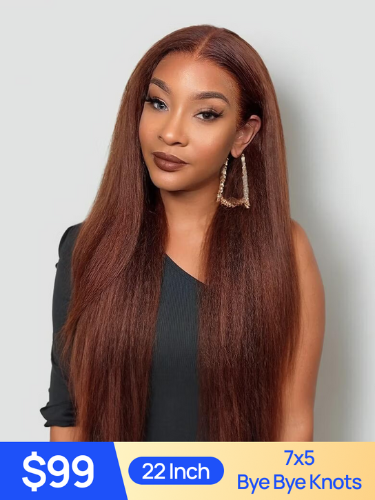 $99=22inch 7x5 Byebye Knots | Nadula Flash Sale Reddish Brown Color Yaki Straight Lace Closure Put On And Go Wig