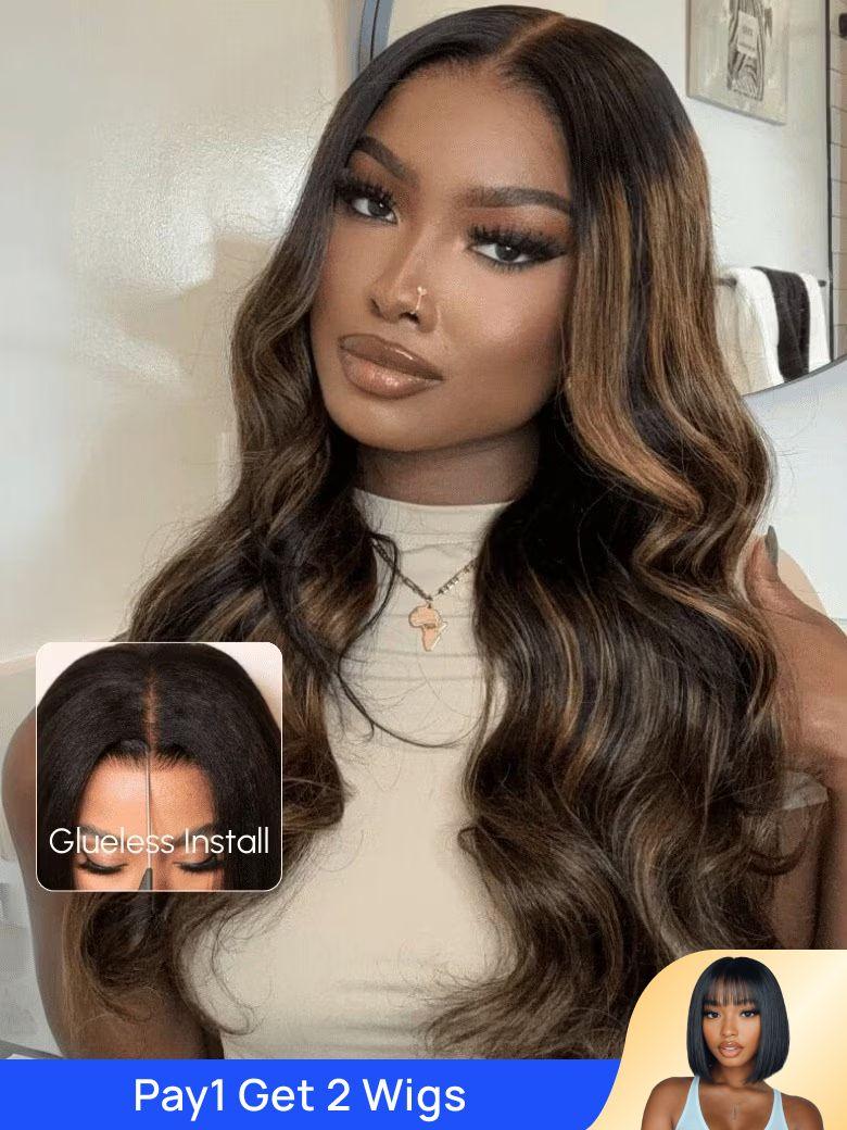 BOGO | Nadula Flash Sale Balayage Highlight Body Wave Hair Wigs Pre-Bleached Invisible Lace Wig Glueless Human Hair Wigs