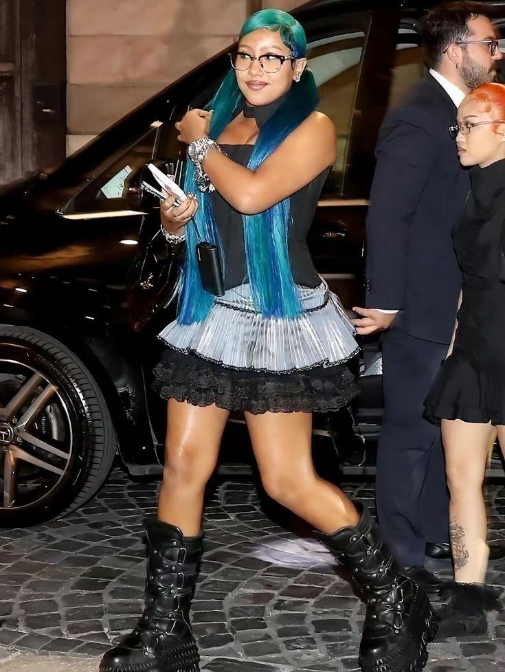 North West Long Blue Hair With Side Part Bangs