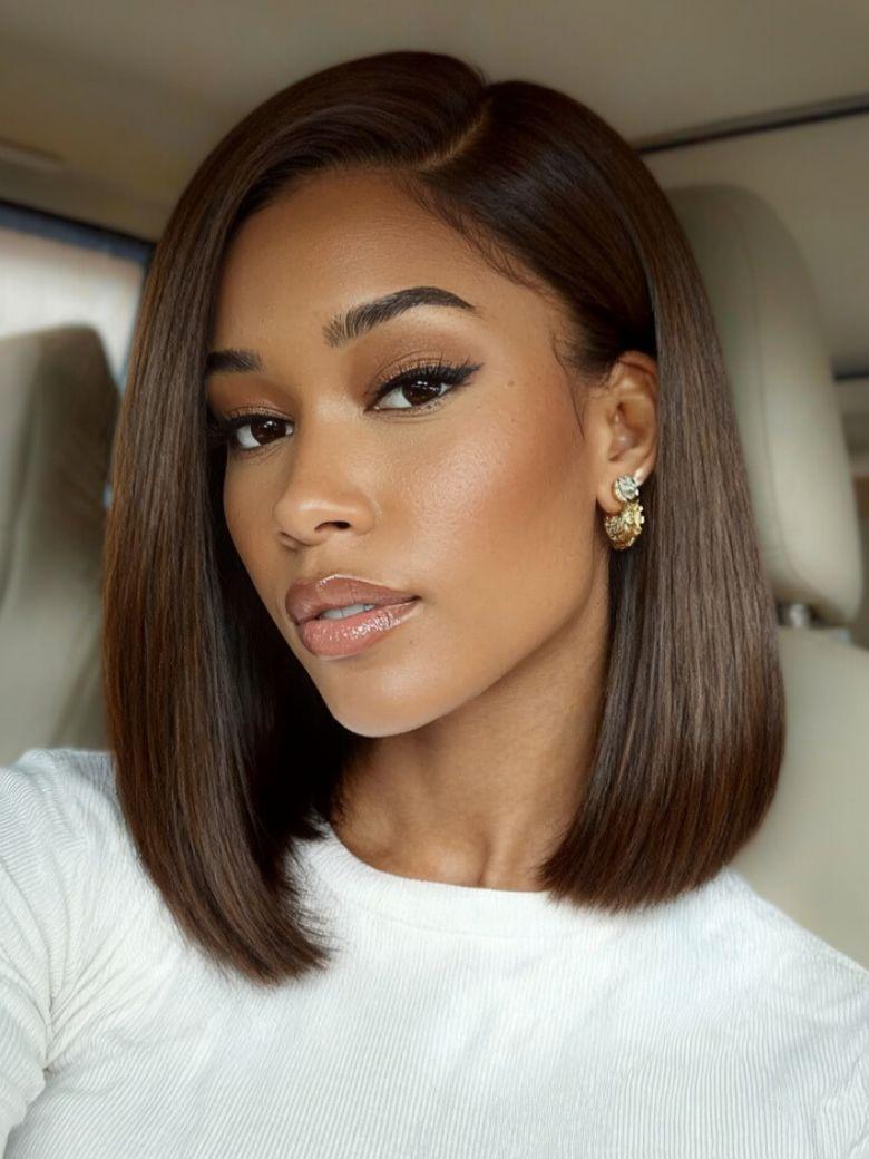 Nadula 7x5 Dark Chocolate Brown Yaki Straight Side Part Bob Wig Shoulder-Length Wig Put On And Go Glueless Human Hair Wig