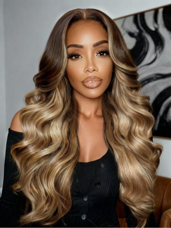 Nadula 13x4 Lace Front Honey Blonde Balayage Body Wave Wig with Chestnut Brown Root Put On And Go Gluless Wig with Drawstring