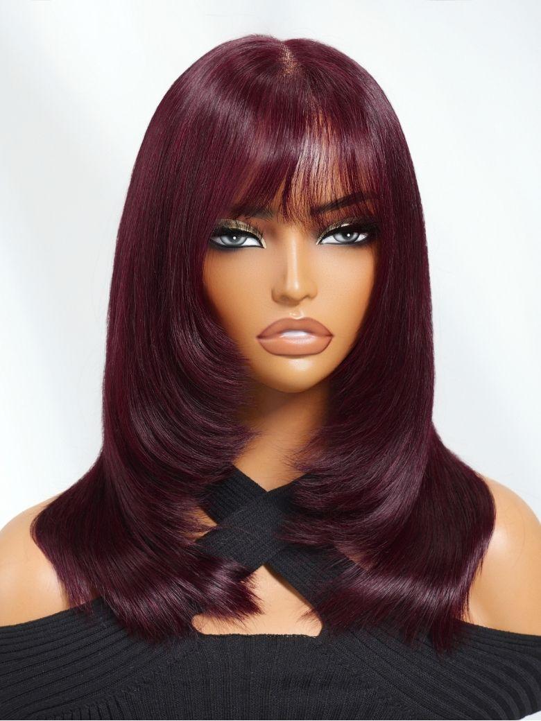 Nadula 7x5 Black Cherry Face-framing Layer Cut Straight Hair with Wispy Bangs Mid-length Bob Wig Invisible Knots Put On And Go3