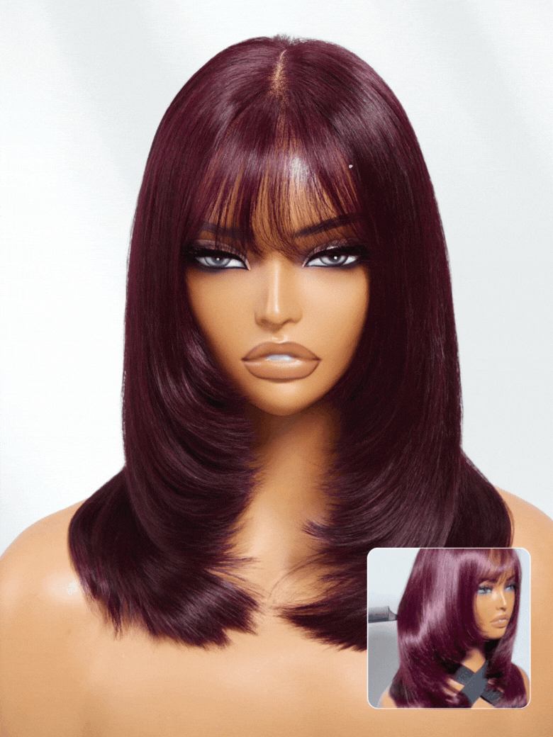 Nadula 7x5 Black Cherry Face-framing Layer Cut Straight Hair with Wispy Bangs Mid-length Bob Wig Invisible Knots Put On And Go
