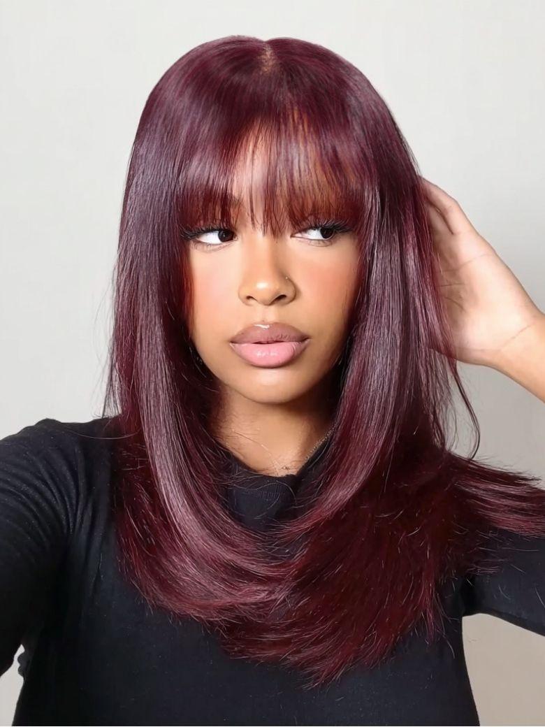 Nadula 7x5 Black Cherry Face-framing Layer Cut Straight Hair with Wispy Bangs Mid-length Bob Wig Invisible Knots Put On And Go