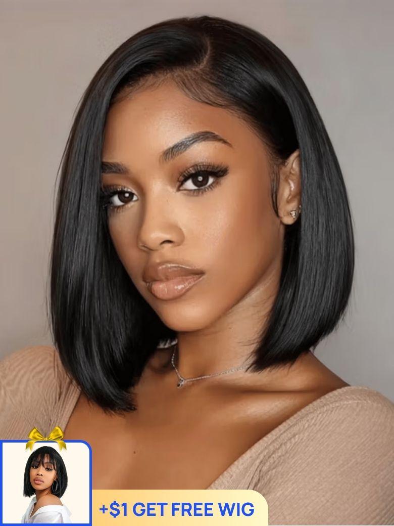 $1 Get 2nd Wig | Nadula 7x5 Pre Cut Lace Yaki Straight Bob Wig Put On and Go Wig With Drawstring