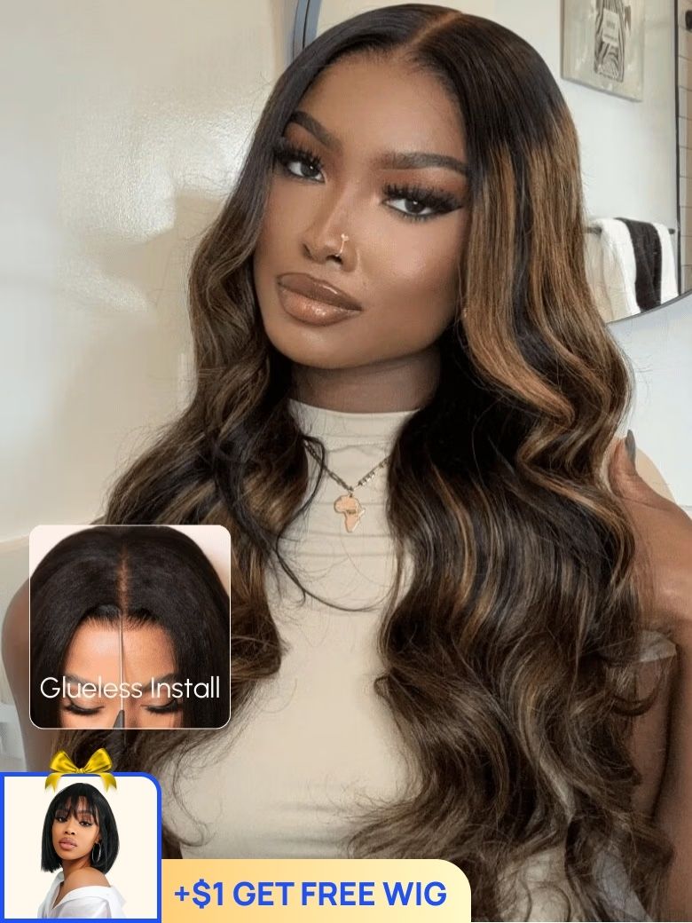 $1 Get Second Wig | Nadula Flash Sale Brown Highlight Body Wave 7x5 Byebye Knots Invisible Lace Human Hair Wigs