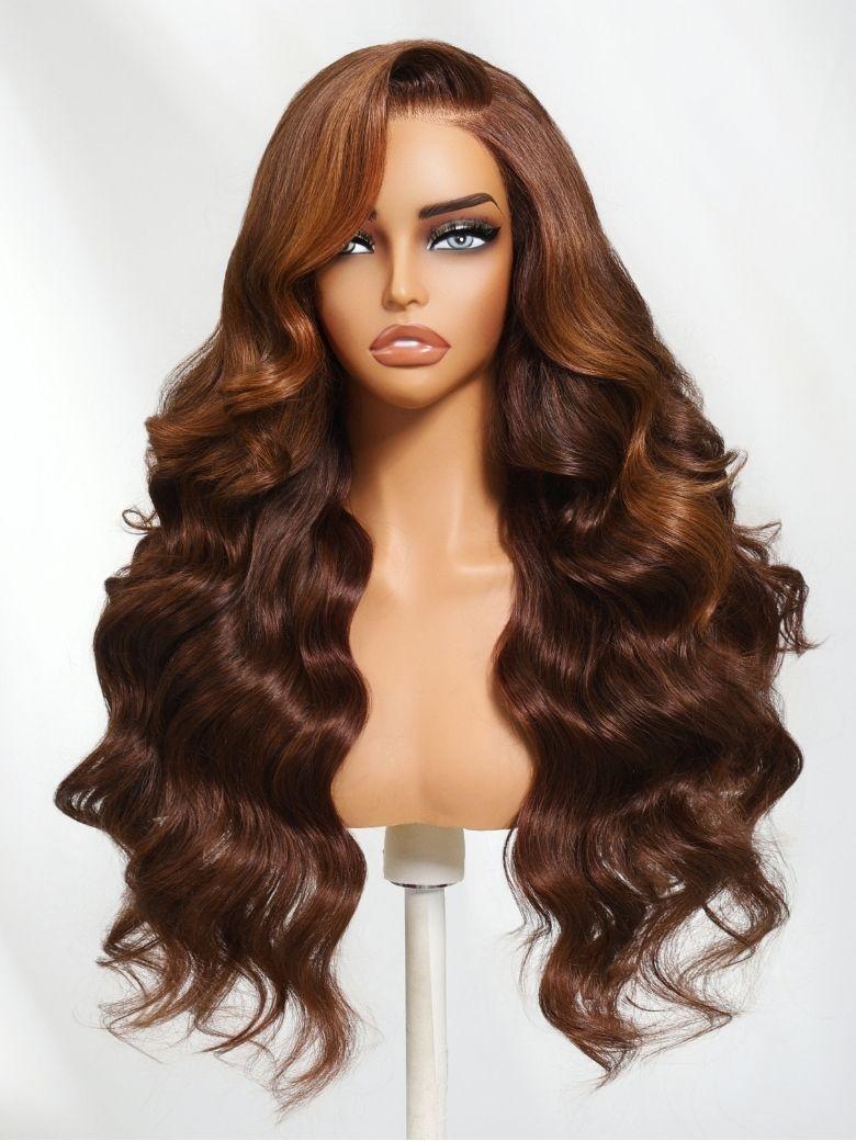 Nadula 13x4 Warm Chestnut Brown Soft Body Wave with Long Face-framing Layers Lace Frontal Invisible Knots Put on and Go Wig
