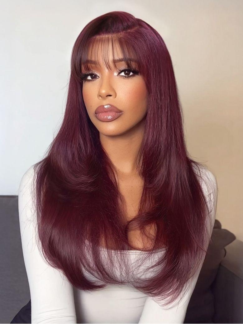 Nadula 7x5 Burgundy Plum Face-Framing Layers Straight Lace Closure Wig