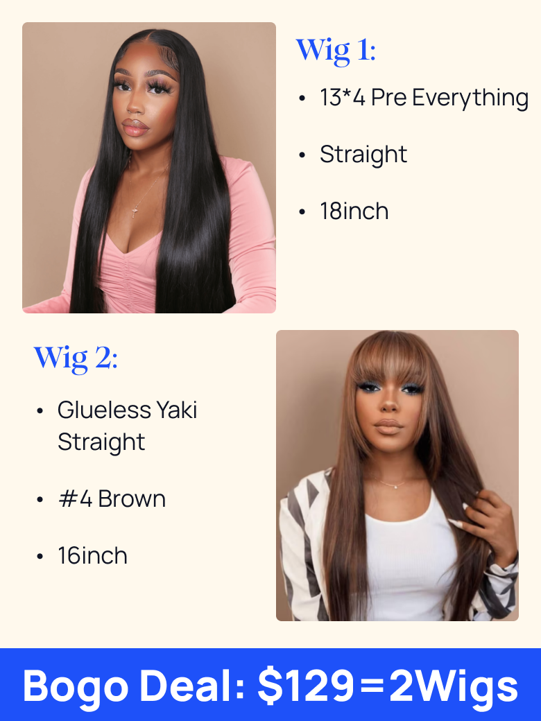 $129=2 Wigs | Nadula Flash Sale 18 Inch 13x4 Lace Frontal Straiht Hair Wigs And 16'' 2x4 T Part Brown Yaki Straight Wig