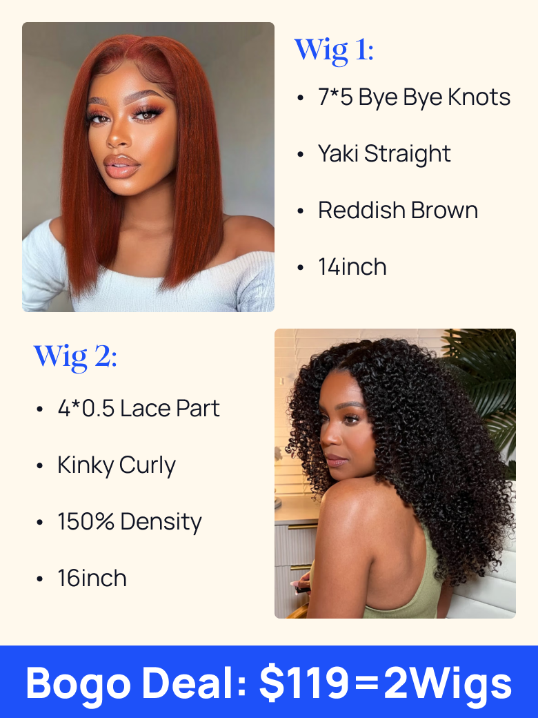 $119=2 Wigs | Nadula Flash Sale 16 Inch 4x0.75 Lace Part Kinky Curly Wig And 14 Inch Reddish Brown Yaki Straight Hair Wig