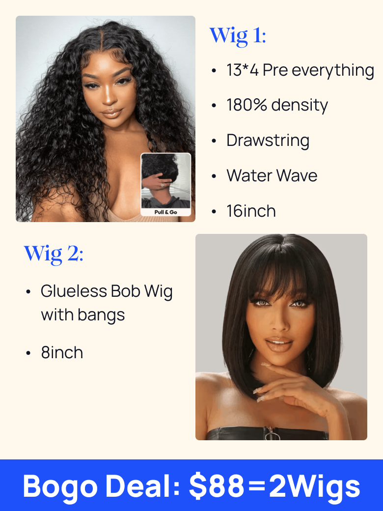 $88=2 Wigs | Nadula Flash Sale 16 Inch 13x4 Lace Frontal Water Wave Wig And 8 Inch Bob Wig with Bang Put On And Go Wigs