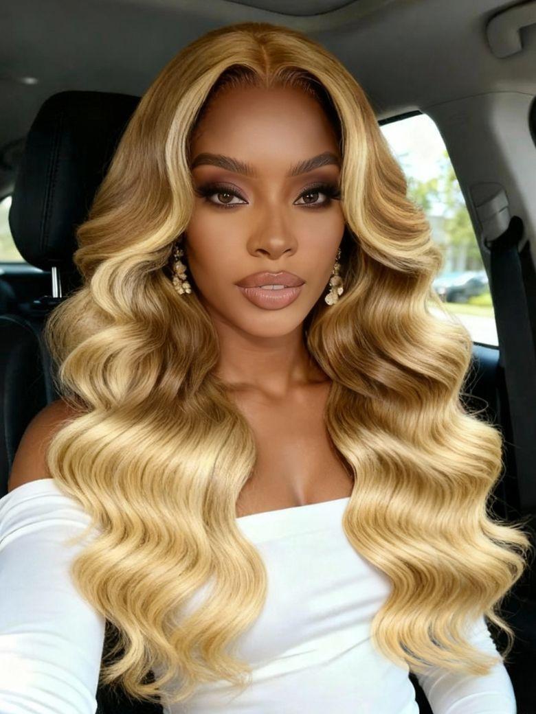 Nadula 13x4 Golden Blonde Balayage Layered Loose Wave Hair With Face-Framing Curtain Bangs Lace Frontal Put On And Go Wig