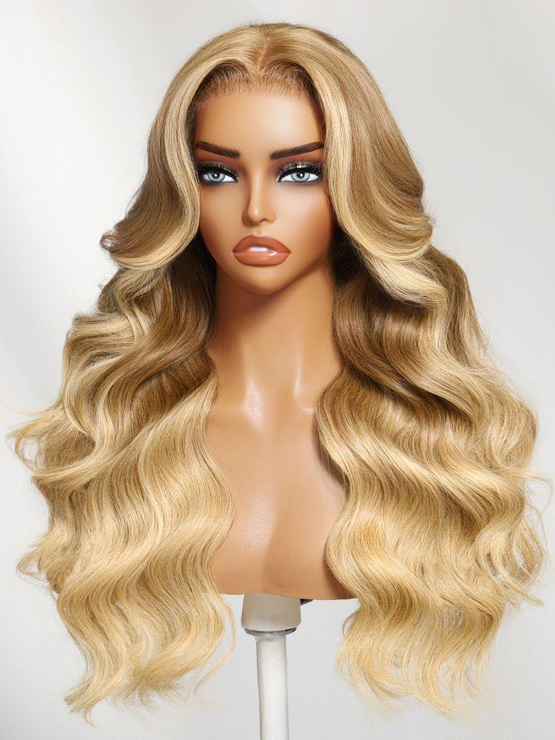 Nadula 13x4 Golden Blonde Balayage Layered Loose Wave Hair With Face-Framing Curtain Bangs Lace Frontal Put On And Go Wig