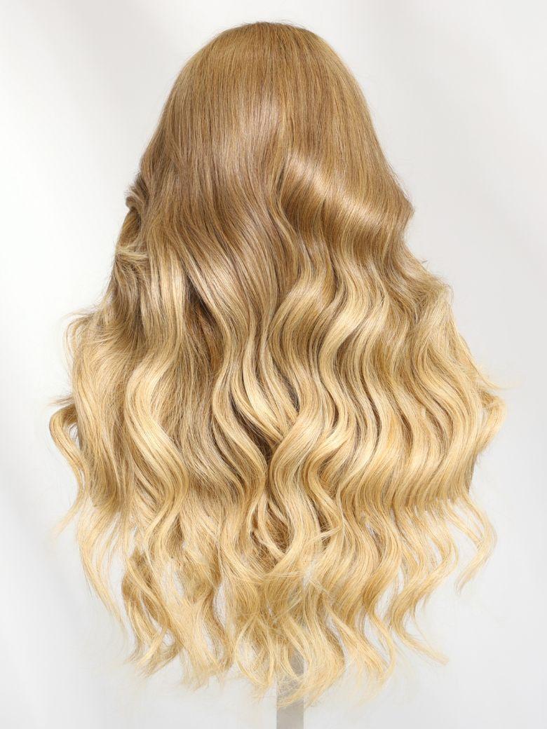 Nadula 13x4 Golden Blonde Balayage Layered Loose Wave Hair With Face-Framing Curtain Bangs Lace Frontal Put On And Go Wig
