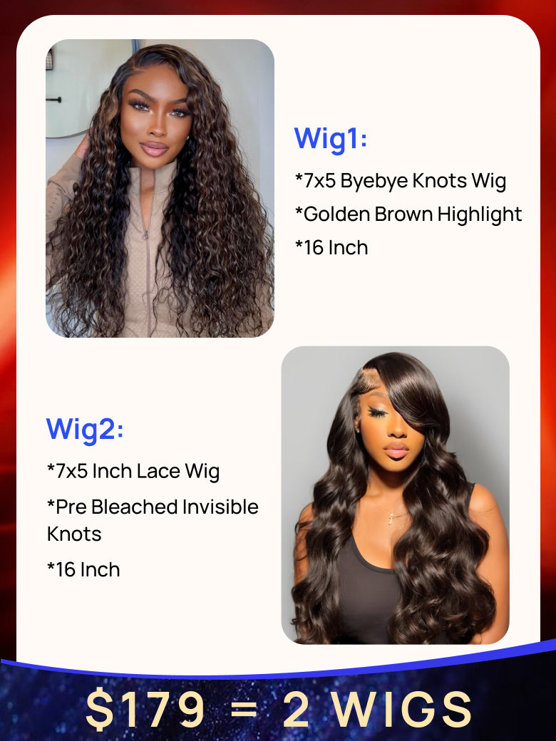 $179=2 Wigs | Nadula 16 Inch 7*5 Body Wave Byebye Knots & 16 Inch Golden Brown Highlight Water Wave Wig