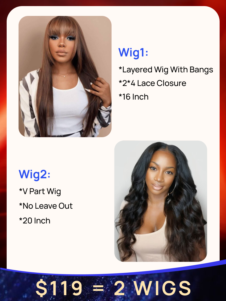 $119=2 Wigs | Nadula Black Friday BOGO 20 Inch V Part Glueless Wig and 16 Inch 2*4 Lace Closure Wig For Sale