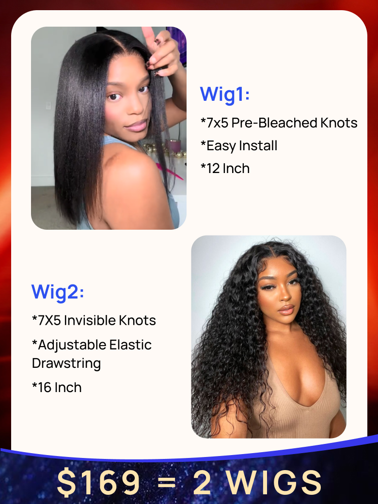 $169=2 Wigs | Nadula 16 Inch 7*5 ByeBye Knots Water Wave Wig & 12 Inch Yaki Straight Drawstring Wig