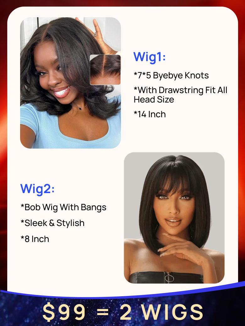 $99=2 Wigs| Nadula Black Friday Flash Deal 14 Inch 7*5 Byebye Knots With Drawstring Wig and 8 Inch Bob Wig Bangs
