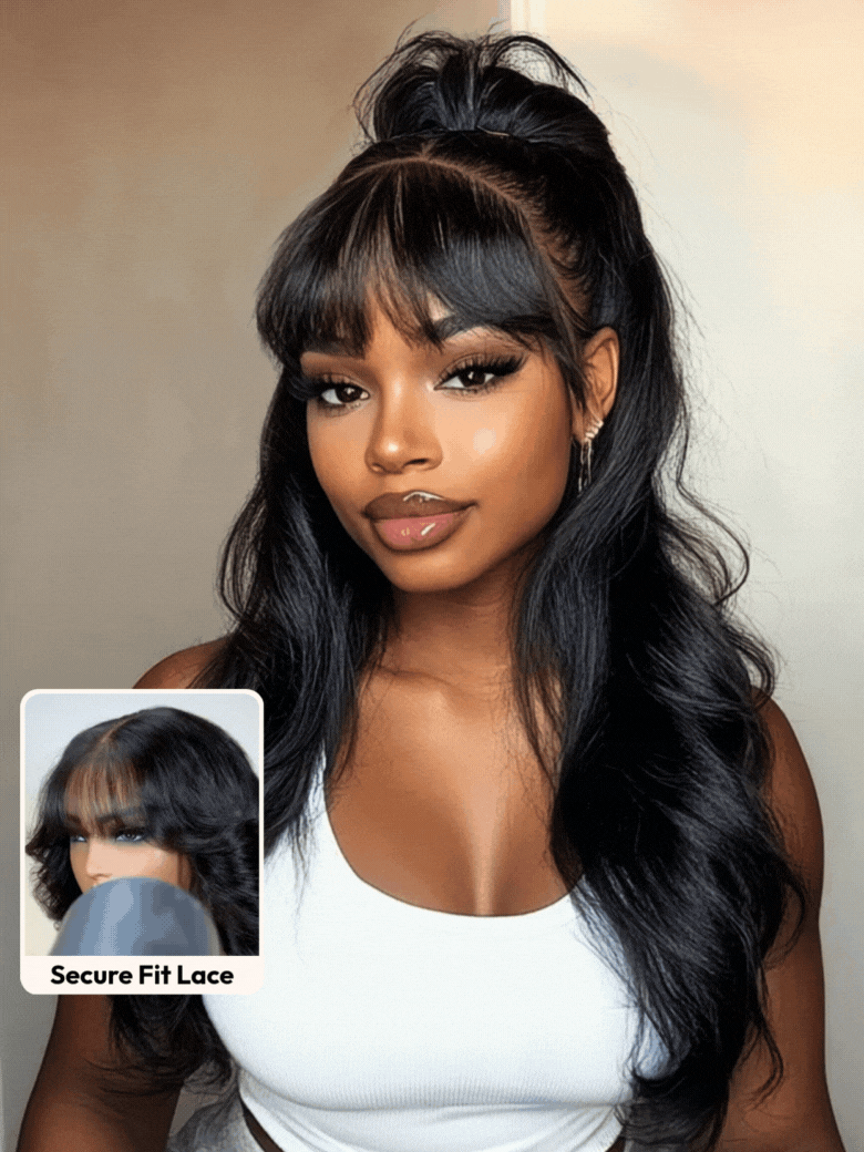 Nadula Flash Sale 3D Body Wave Invisible Lace Closure Wig with Bangs Put on and Go Glueless Human Hair Wigs